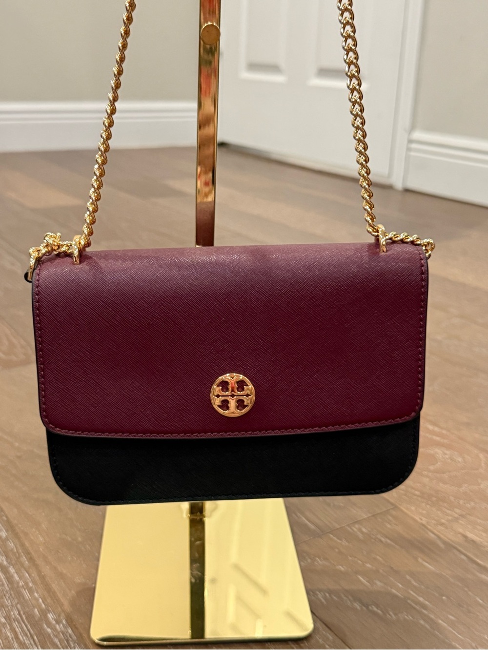 Tory Burch Chain Crossbody in Burgundy and Black Suede Sides with Gold Hardware